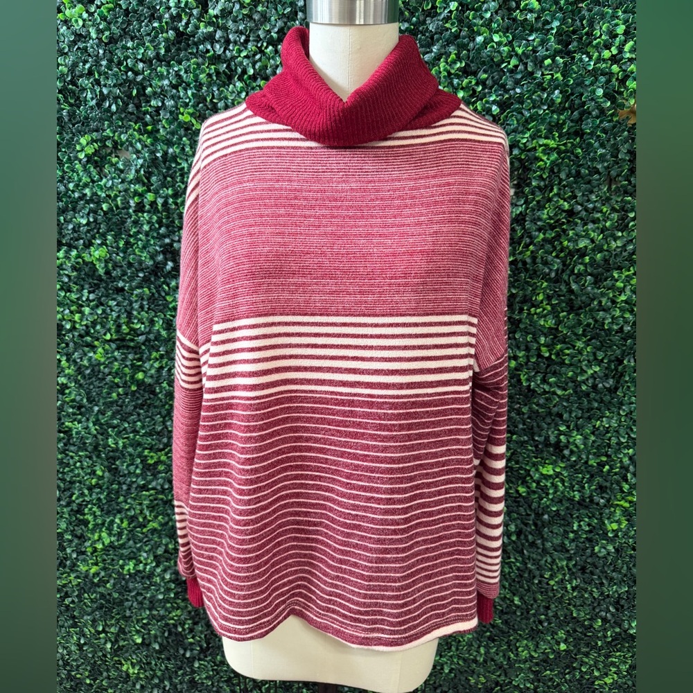 Ces Femme - Cowl Neck Striped Knit Sweater in Berry